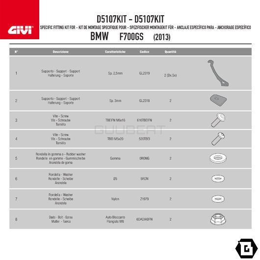 GIVI D5107KIT フィッティングキット ステー スクリーン用/BMW F 700 GS専用