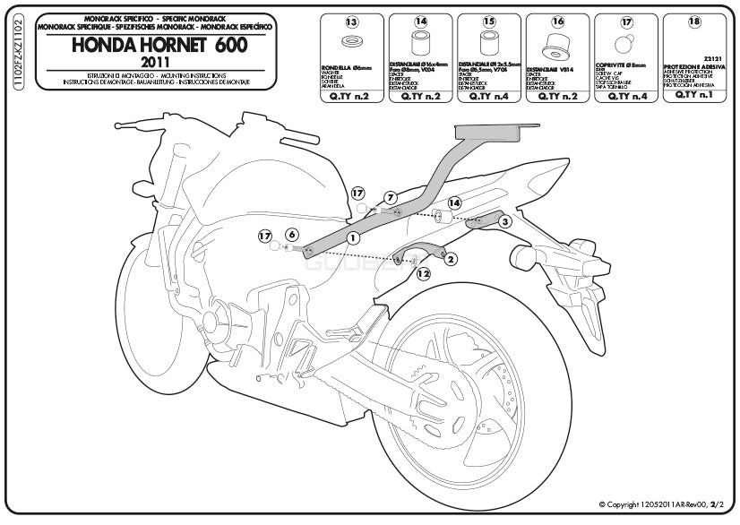 GIVI 1102FZ リアキャリア モノラック MONORACK／HONDA CBR600F / HONDA ホーネット 600 / 600 ABS専用