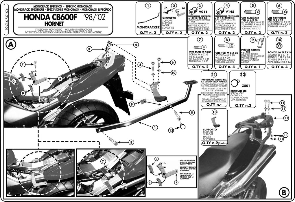 GIVI 162FZ リアキャリア モノラック MONORACK／HONDA ホーネット 600専用