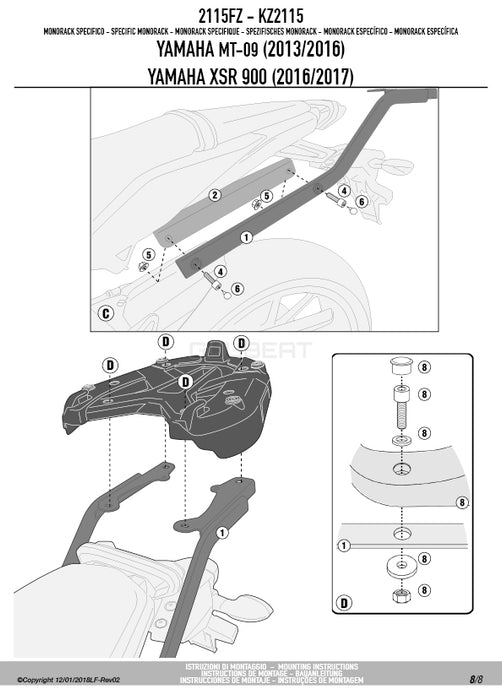 GIVI 2115FZ リアキャリア モノラック MONORACK／YAMAHA XSR 900 / YAMAHA MT-09専用