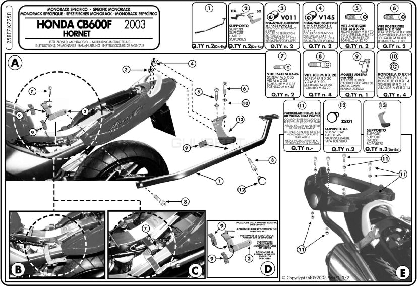 GIVI 258FZ リアキャリア モノラック MONORACK／HONDA ホーネット 600専用