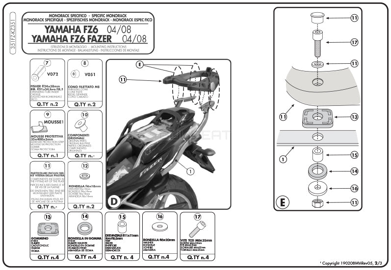 GIVI 351FZ リアキャリア モノラック MONORACK／YAMAHA FZ6 フェザー S2 / YAMAHA FZ6 S2 / YAMAHA FZ6 / YAMAHA FZ6 フェザー専用