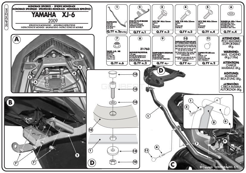 GIVI 364FZ リアキャリア モノラック MONORACK／YAMAHA XJ6 / YAMAHA XJ6 / YAMAHA XJ6 ディバージョン / YAMAHA XJ6 ディバージョン F専用