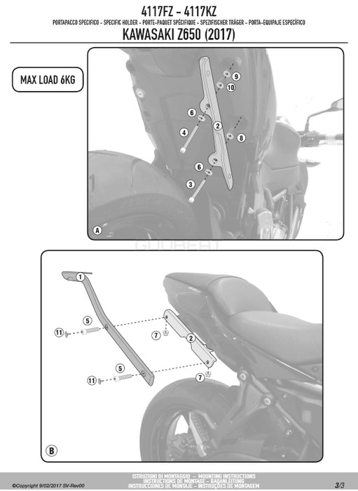 GIVI 4117FZ リアキャリア モノラック MONORACK／KAWASAKI Z 650 / KAWASAKI Z 650専用