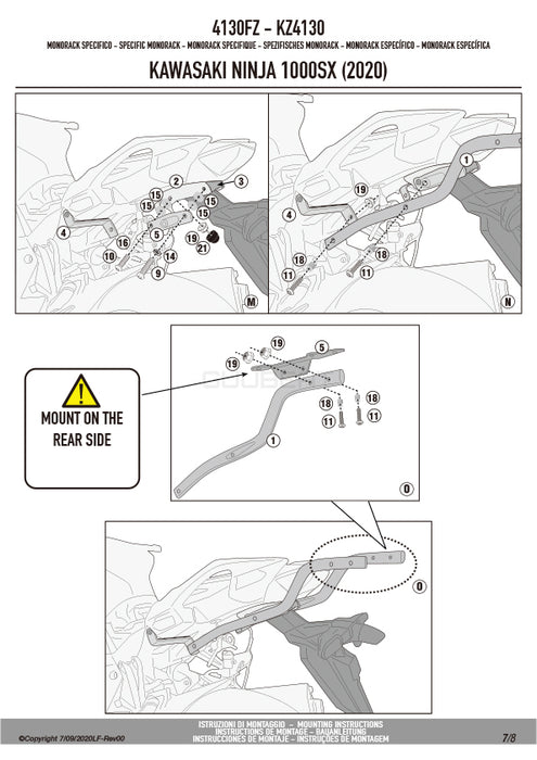 GIVI 4130FZ リアキャリア モノラック MONORACK／KAWASAKI ニンジャ 1100 SX / KAWASAKI ニンジャ 1000 SX専用