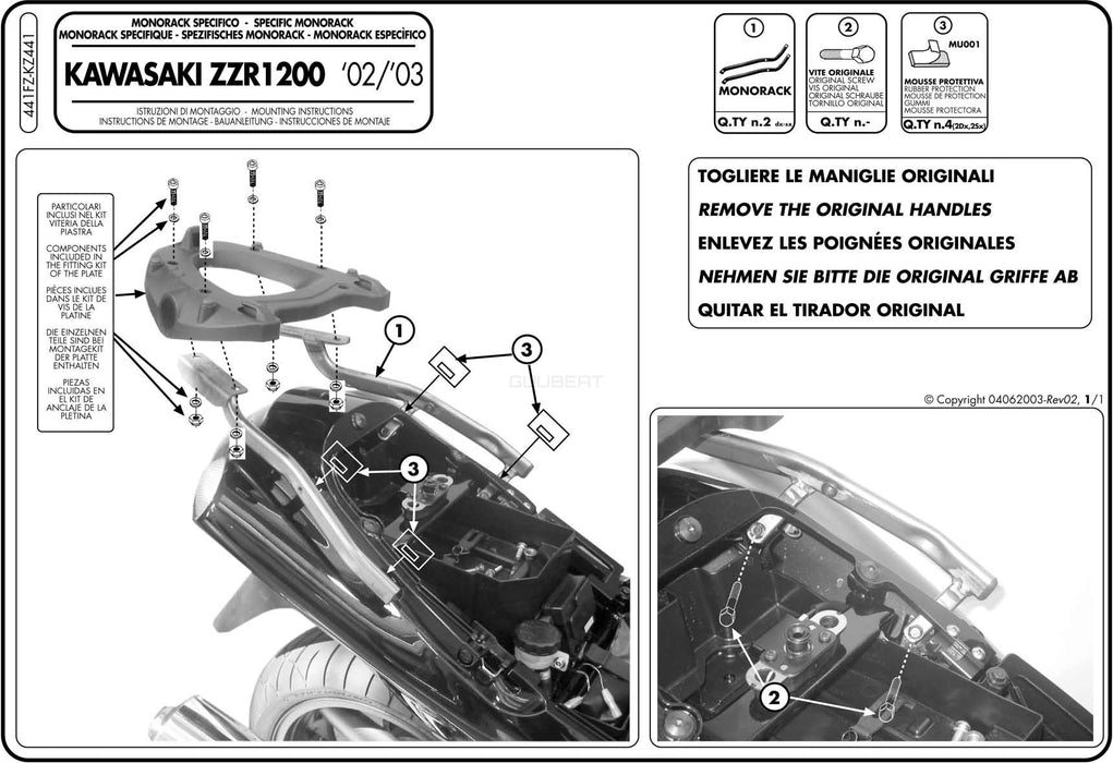 GIVI 441FZ リアキャリア モノラック MONORACK／KAWASAKI ZZR 1200専用