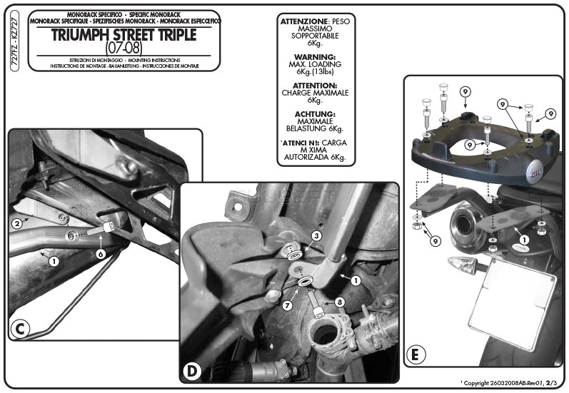 GIVI 727FZ リアキャリア モノラック MONORACK／TRIUMPH ストリートトリプル 675専用