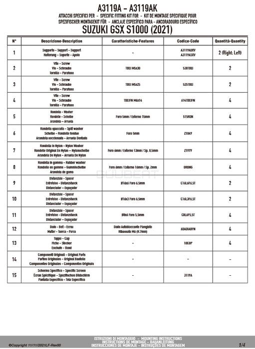 GIVI A3119A 取付キット スクリーン用 フィッティングキット／SUZUKI GSX-S 1000専用