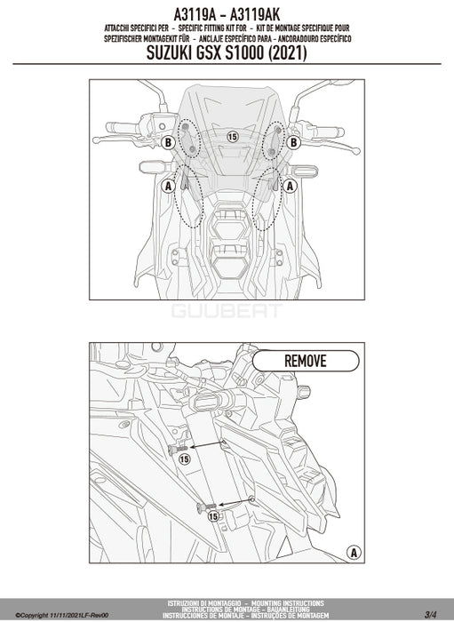 GIVI A3119A 取付キット スクリーン用 フィッティングキット／SUZUKI GSX-S 1000専用