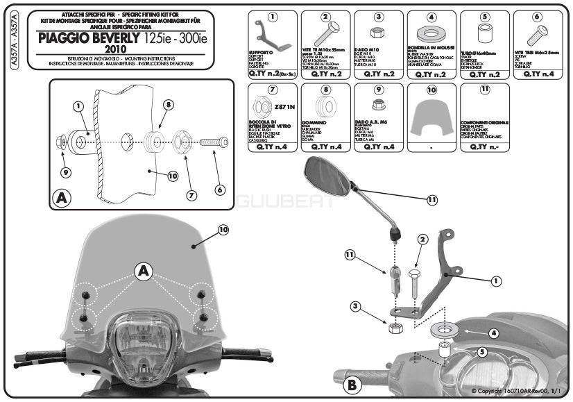 GIVI A357A 取付キット スクリーン用 フィッティングキット／PIAGGIO ビバリー 300 IE / PIAGGIO ビバリー 350専用