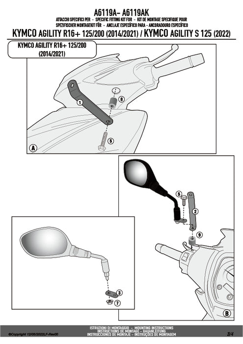 GIVI A6119A 取付キット スクリーン用 フィッティングキット／KYMCO アジリティー S 125 / KYMCO アジリティー 200 R16+ / KYMCO アジリティー 150 R16+ / KYMCO アジリティー 125 R16+ / KYMCO アジリティー 50 R16+専用