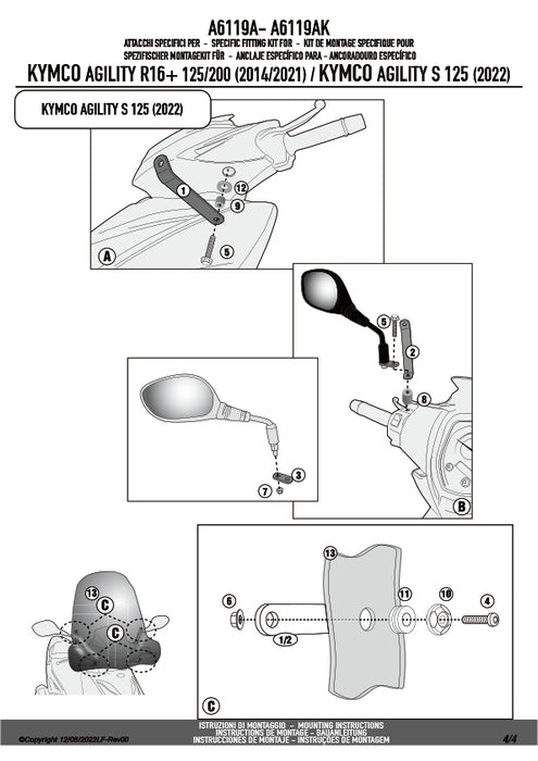 GIVI A6119A 取付キット スクリーン用 フィッティングキット／KYMCO アジリティー S 125 / KYMCO アジリティー 200 R16+ / KYMCO アジリティー 150 R16+ / KYMCO アジリティー 125 R16+ / KYMCO アジリティー 50 R16+専用