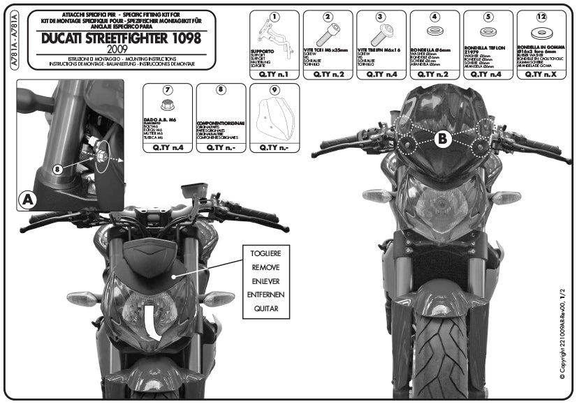 GIVI A781A 取付キット スクリーン用 フィッティングキット／DUCATI ストリートファイター 1098 / DUCATI ストリートファイター 848専用