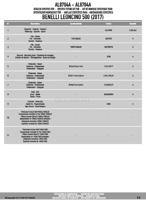 GIVI AL8704A 取付キット スクリーン用 フィッティングキット ／ BENELLI レオンチーノ 500 / BENELLI レオンチーノ 500 トレール専用