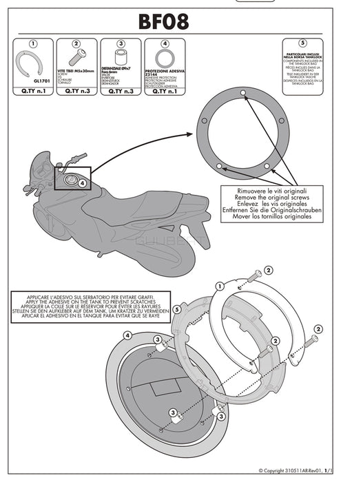 GIVI BF08 タンクロック アタッチメント（TANKLOCKタンクバッグ用フランジ）｜DUCATI 848 / 1098 / 1198 / モンスター 1200 / モンスター 1000  対応