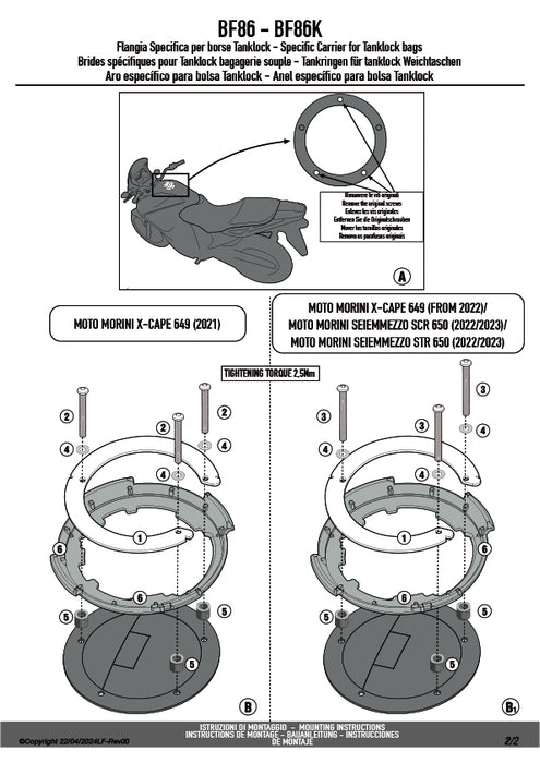 GIVI BF86 タンクロック アタッチメント／MOTO MORINI SEIEMMEZZO STR 650 / MOTO MORINI SEIEMMEZZO SCR 650 / MOTO MORINI X-CAPE 649専用