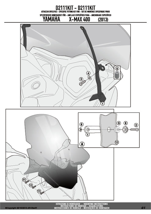 GIVI D2111KIT フィッティングキット ステー スクリーン用／MBK SKYLINER 125-250 / MBK EVOLYS 125-250 / YAMAHA XMAX 400 / YAMAHA XMAX 250 / YAMAHA XMAX 125専用