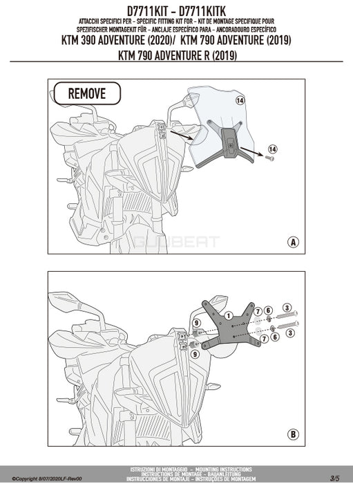 GIVI D7711KIT フィッティングキット ステー スクリーン用／KTM 890 アドベンチャー / KTM 790 アドベンチャー R / KTM 790 アドベンチャー / KTM 390 アドベンチャー専用