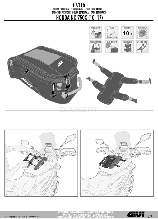 GIVI EA116 タンクバッグ 専用ベース固定 10L容量 ブラック／HONDA NC750X専用