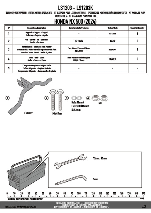 GIVI LS1203 フォグランプ取付キット S310 / S322 / 汎用 フォグランプ対応／HONDA NX 500 / HONDA NX 400専用