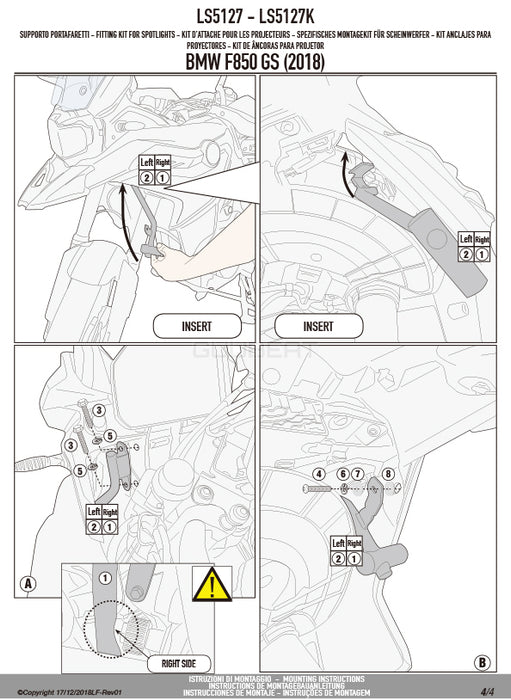GIVI LS5127 フォグランプ取付キット S310 / S322 / 汎用 フォグランプ対応／BMW F 850 GS / BMW F 800 GS / BMW F 750 GS専用