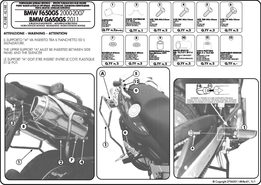 GIVI PL188 サイドケースホルダー MONOKEY ( モノキー ) 用／BMW F 650 GS / BMW F 650 GS DAKAR / BMW G 650 GS専用