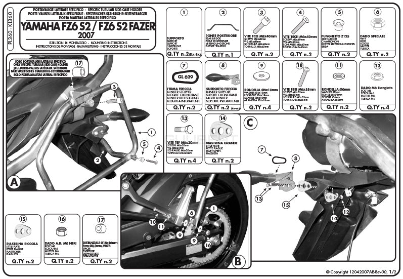 GIVI PL360 サイドケースホルダー MONOKEY ( モノキー ) 用 ／ YAMAHA FZ6 フェザー S2 / YAMAHA FZ6 S2専用