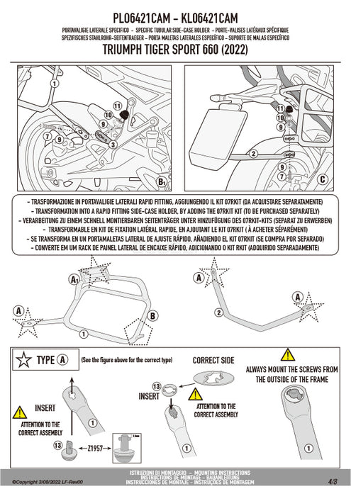 GIVI PLO6421CAM サイドケースホルダー TREKKER OUTBACK MONOKEY CAM-SIDE用 PL ONE-FIT／TRIUMPH タイガースポーツ 800専用