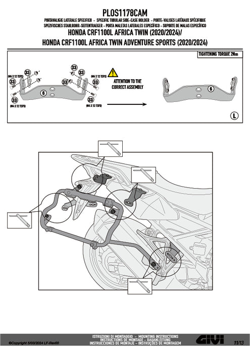 GIVI PLOS1178CAM サイドケースホルダー TREKKER OUTBACK EVO用 PL ONE-FIT CAM-SIDE／HONDA CRF1100L アフリカツインADVSPORTS / HONDA CRF1100L アフリカツインADVSPORTS / HONDA CRF1100L アフリカツイン / HONDA CRF1100L アフリカツイン専用