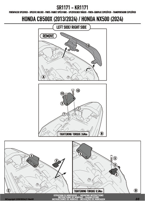 GIVI SR1171 キャリア スペシャルリアラック トップケース用（MONOKEY / MONOLOCKベース別売）｜HONDA CB500X / NX 500 E-CLUTCH / NX 500 / 400X  対応