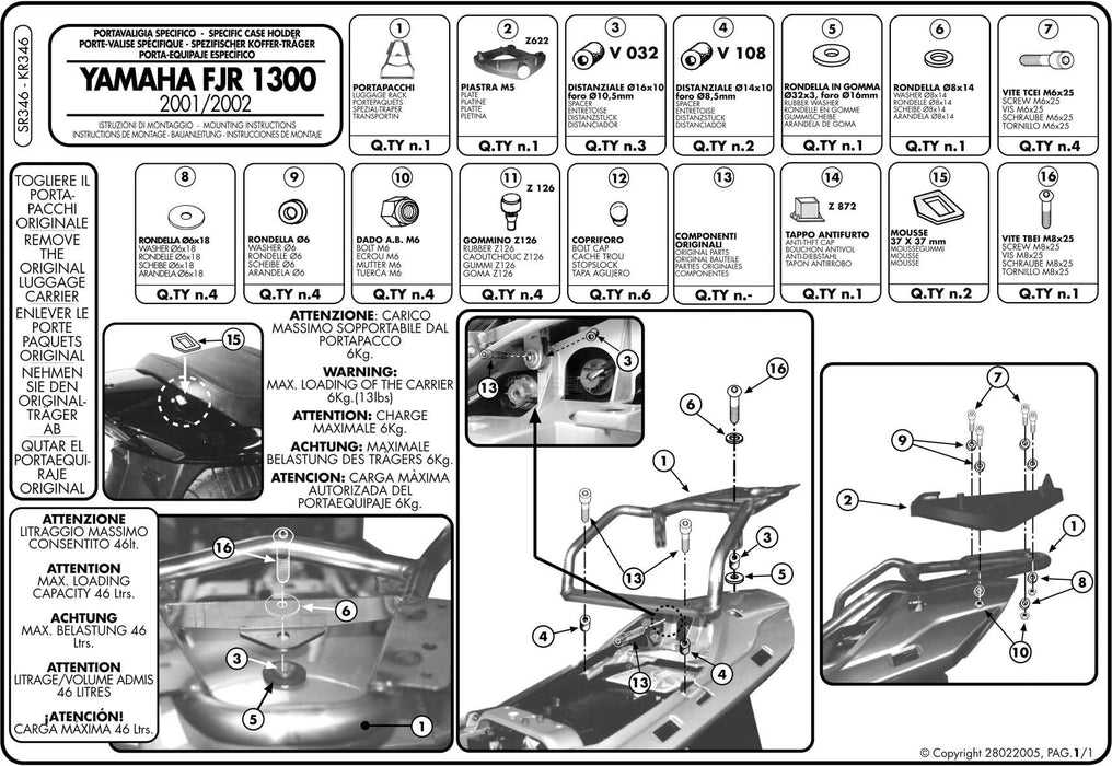 GIVI SR346 キャリア スペシャルリアラック トップケース用／YAMAHA FJR 1300専用