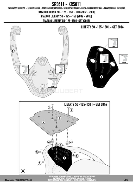 GIVI SR5611 キャリア スペシャルリアラック トップケース用／PIAGGIO リバティー 150 I-GET / PIAGGIO リバティー 150 / PIAGGIO リバティー 125 I-GET / PIAGGIO リバティー 50 I-GET他専用