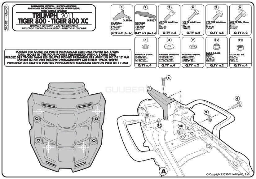 GIVI SR6401 キャリア スペシャルリアラック トップケース用／TRIUMPH タイガー 800 XC / TRIUMPH タイガー 800 XR専用