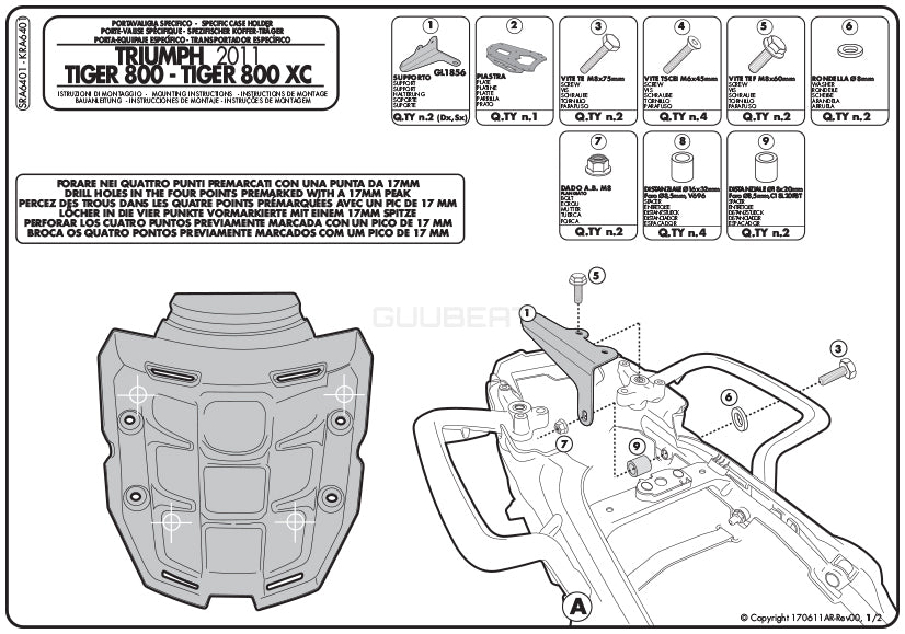 GIVI SRA6401 キャリア アルミニウム製 スペシャルリアラック モノキー ( MONOKEY ) トップケース用 アルミニウム／TRIUMPH タイガー 800 XC / TRIUMPH タイガー 800 XR / TRIUMPH タイガー 800 / TRIUMPH タイガー 800 XC / TRIUMPH タイガー 800 XR専用