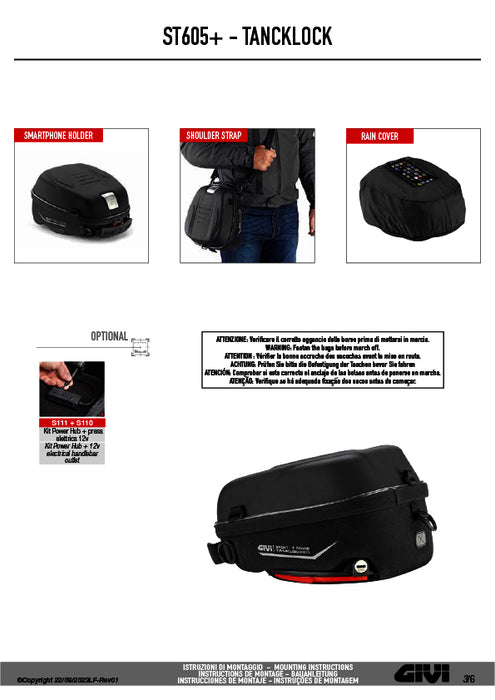 GIVI ST605+ タンクバッグ TanklockED対応 キー付き 5L 防水仕様｜反射プリント付 スマホホルダー・レインカバー付
