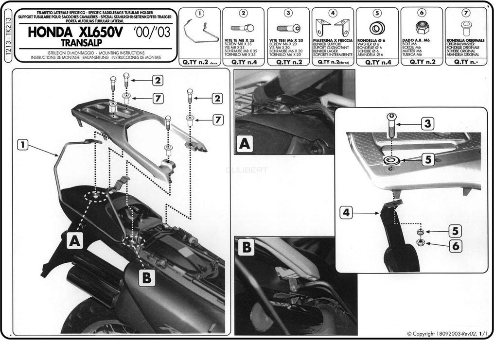 GIVI T213 サイドバッグホルダー／HONDA XL650V トランザルプ専用