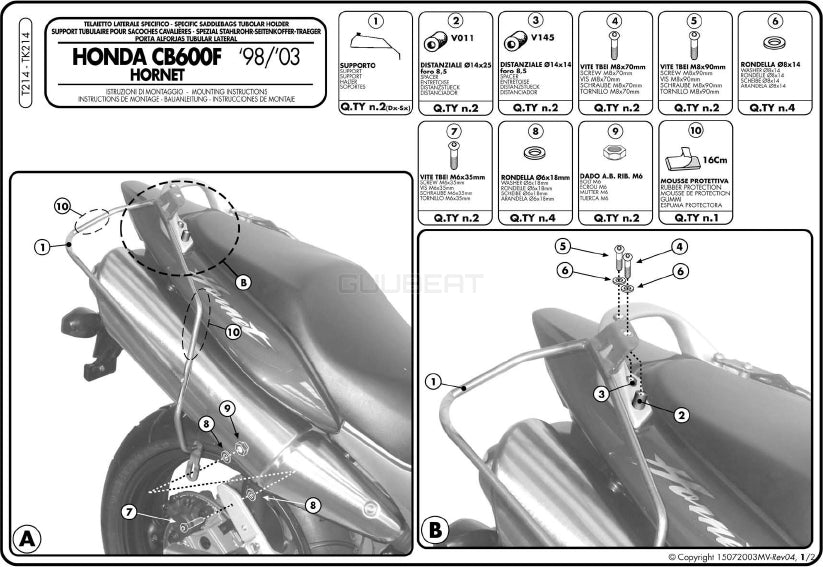 GIVI T214 サイドバッグホルダー／HONDA ホーネット 600専用