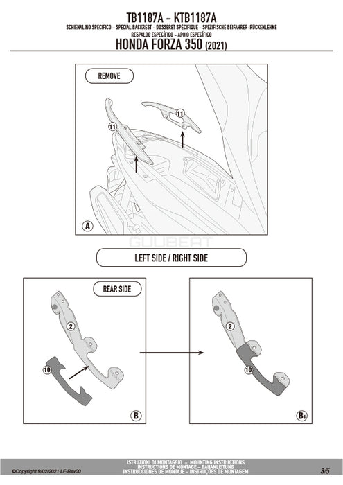 GIVI TB1187A バックレスト ブラック／HONDA フォルツァ350 / HONDA フォルツァ250 / HONDA フォルツァ125専用