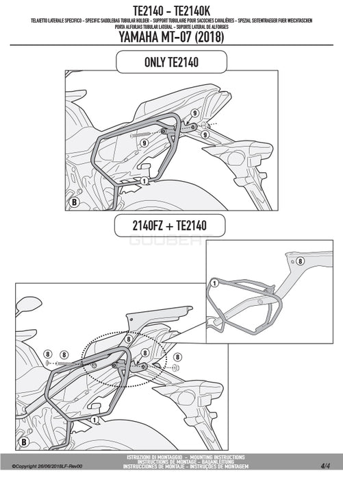 GIVI TE2140 サイドバッグホルダー イージーロック (EASYLOCK) ST609 専用／YAMAHA MT-07 / YAMAHA MT-07専用