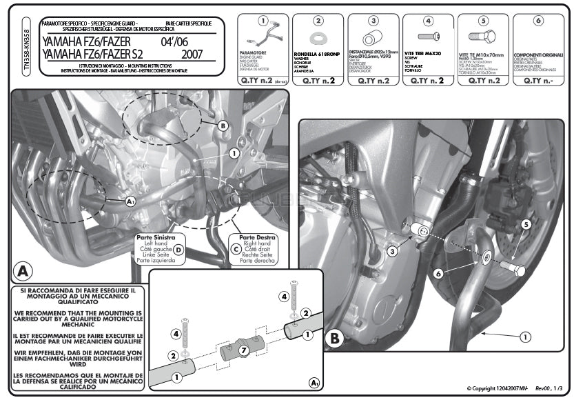 GIVI TN358 エンジンガード クラッシュバー ブラック／YAMAHA FZ6 フェザー S2 / YAMAHA FZ6 S2 / YAMAHA FZ6 / YAMAHA FZ6 フェザー専用