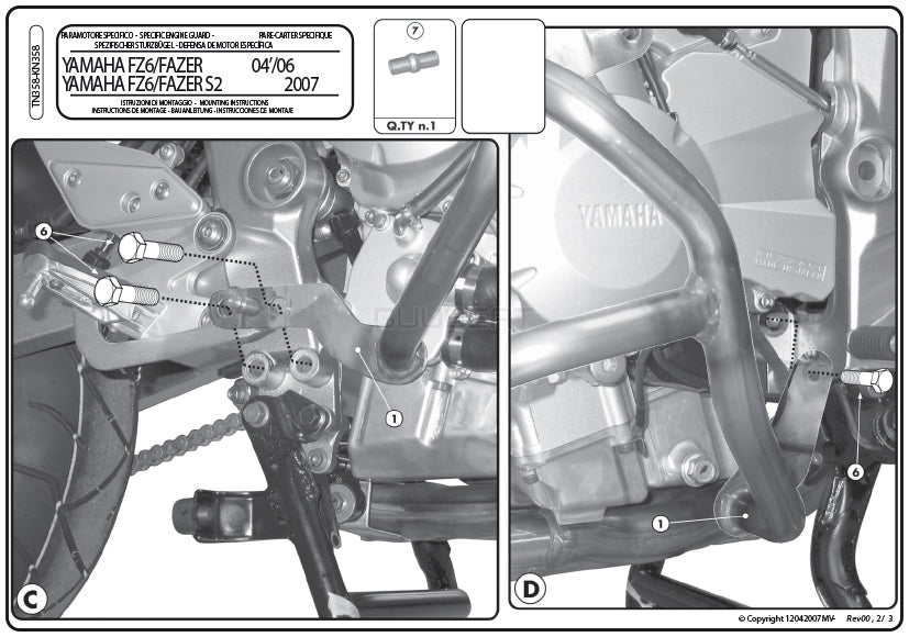 GIVI TN358 エンジンガード クラッシュバー ブラック／YAMAHA FZ6 フェザー S2 / YAMAHA FZ6 S2 / YAMAHA FZ6 / YAMAHA FZ6 フェザー専用