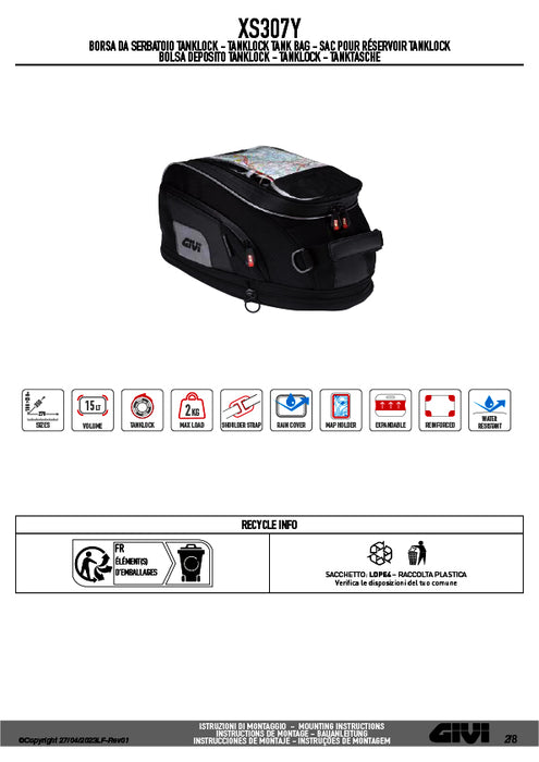 GIVI XS307Y タンクバッグ TANKLOCK対応 15L可変 XSTREAMシリーズ｜防水仕様 レインカバー付